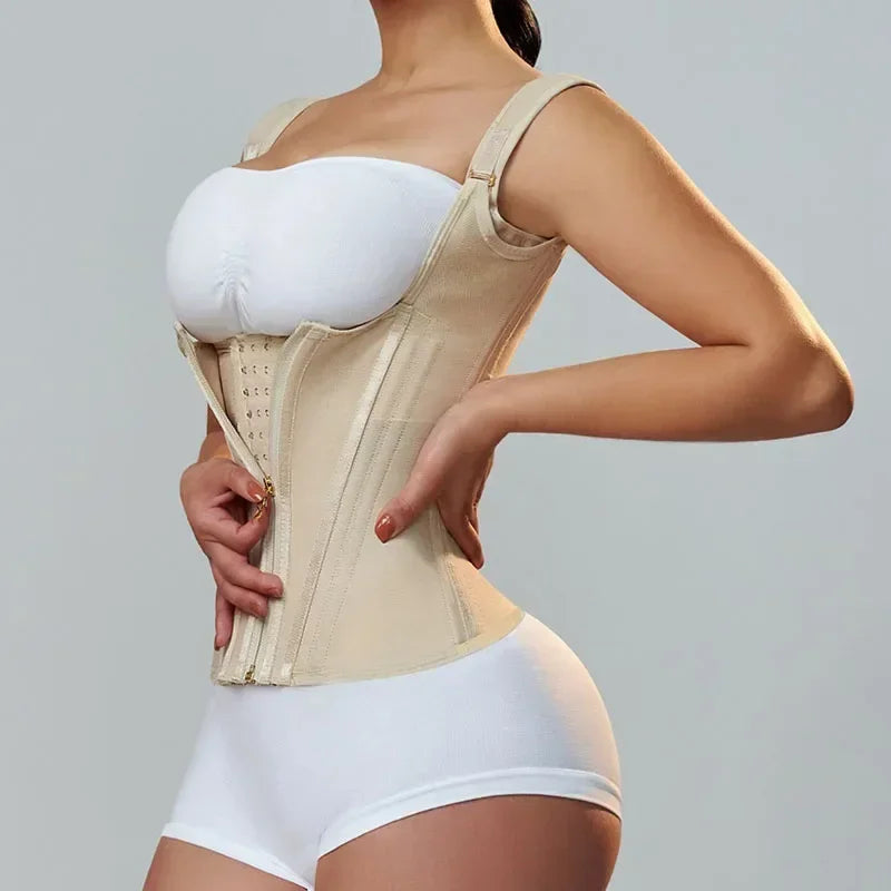 Modelador Corporal Modelador Feminino Colete Tops Compressão
Dupla Cintura Modelador Corset De Zíper Ajustável e Ganchos