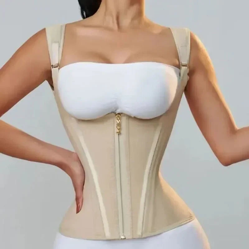 Modelador Corporal Modelador Feminino Colete Tops Compressão
Dupla Cintura Modelador Corset De Zíper Ajustável e Ganchos