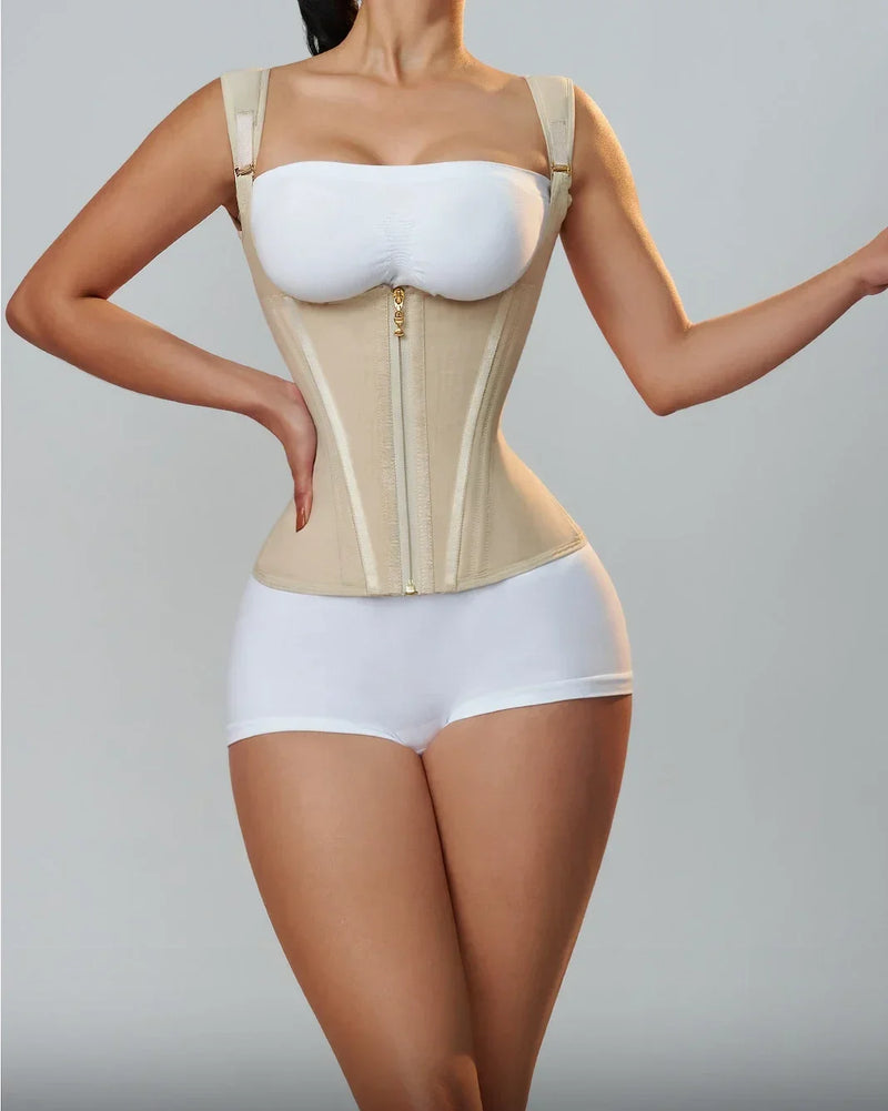 Modelador Corporal Modelador Feminino Colete Tops Compressão
Dupla Cintura Modelador Corset De Zíper Ajustável e Ganchos