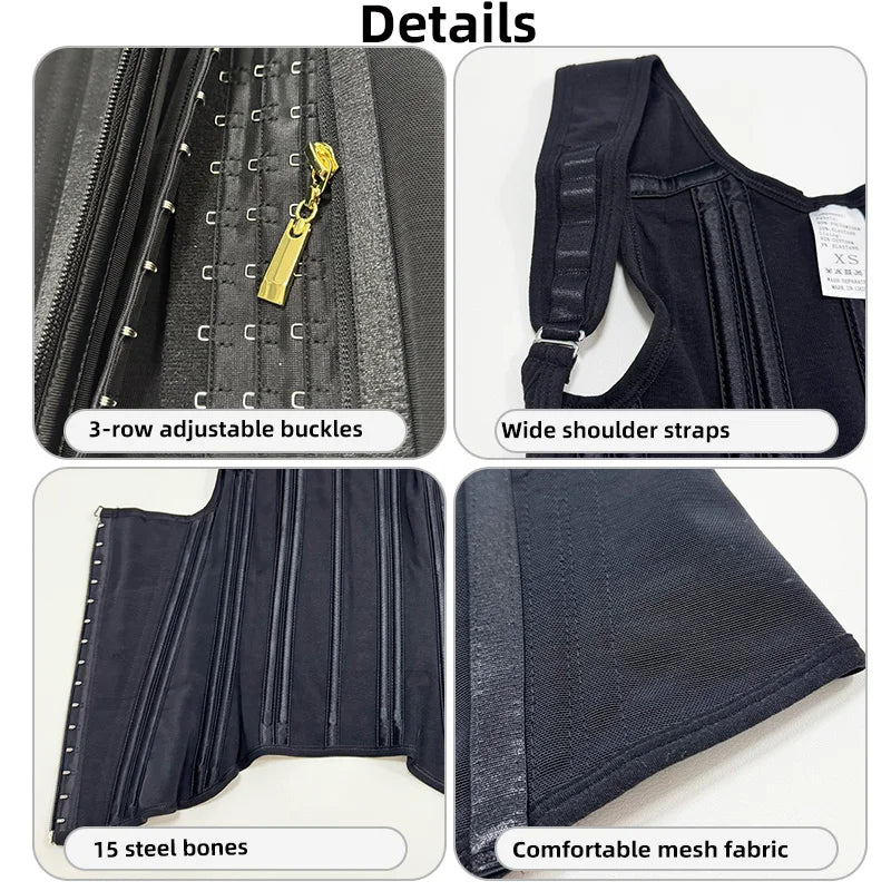 Modelador Corporal Modelador Feminino Colete Tops Compressão
Dupla Cintura Modelador Corset De Zíper Ajustável e Ganchos